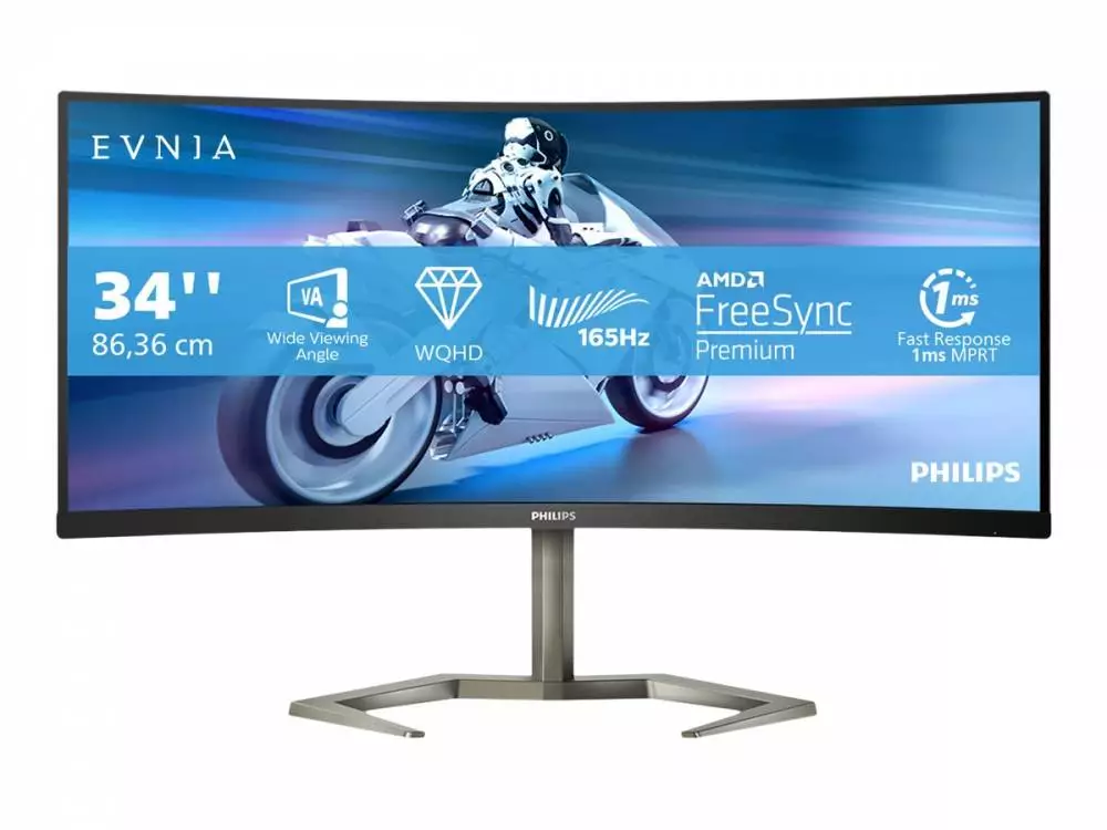 Монитор PHILIPS 34M1C5500VA/00, 34" Curved, VA, WQHD 3440x1400, 165Hz, 4ms, HDR10, AMD FreeSync Premium, HDMI, DP, USB