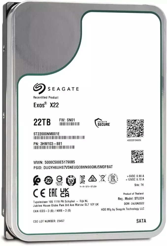 Твърд диск Seagate Exos X22 22TB 512E/4KN 3.5" SATA 6Gb/s 7200RPM Enterprise - ST22000NM001E