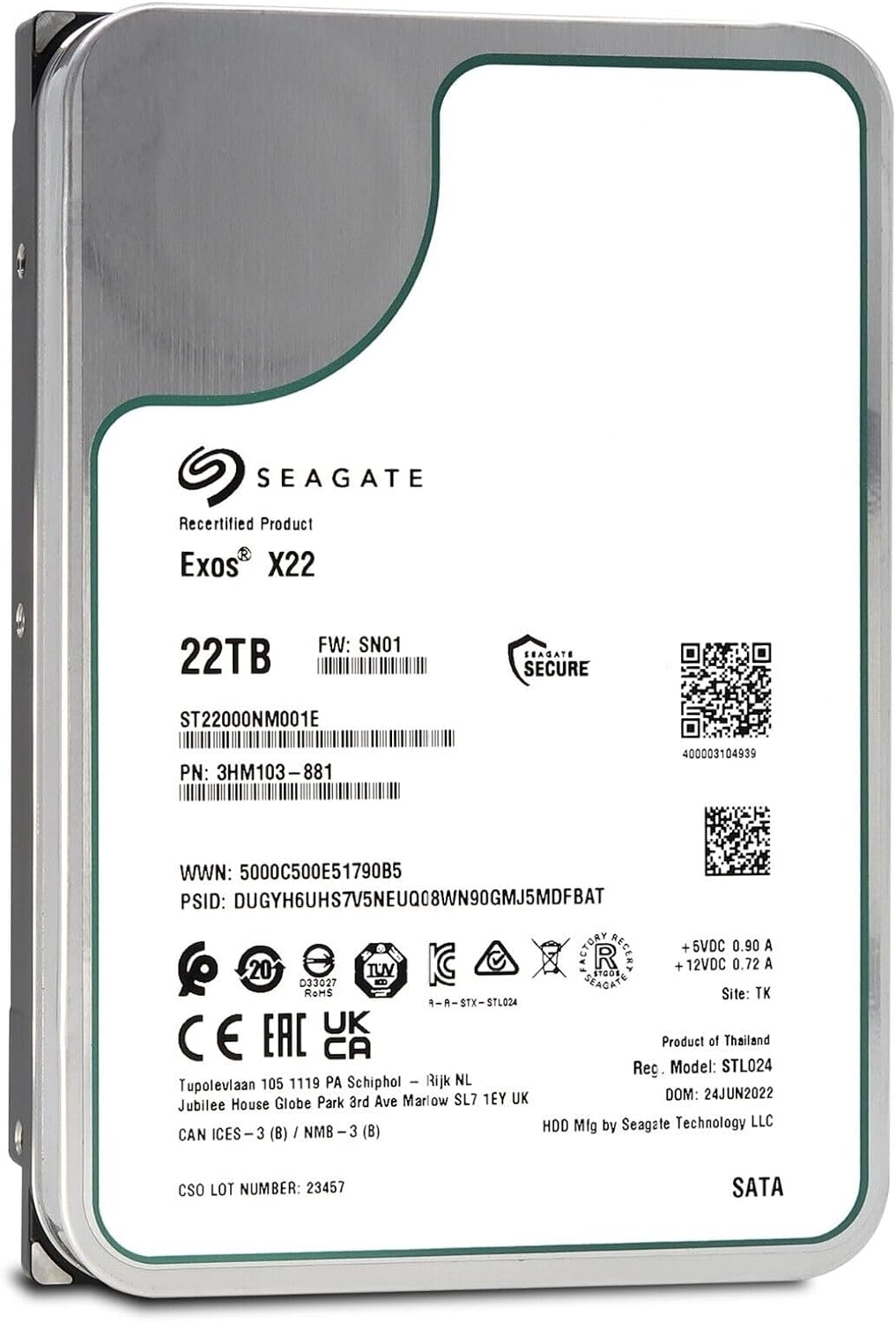 Твърд диск Seagate Exos X22 22TB 512E/4KN 3.5" SATA 6Gb/s 7200RPM Enterprise - ST22000NM001E