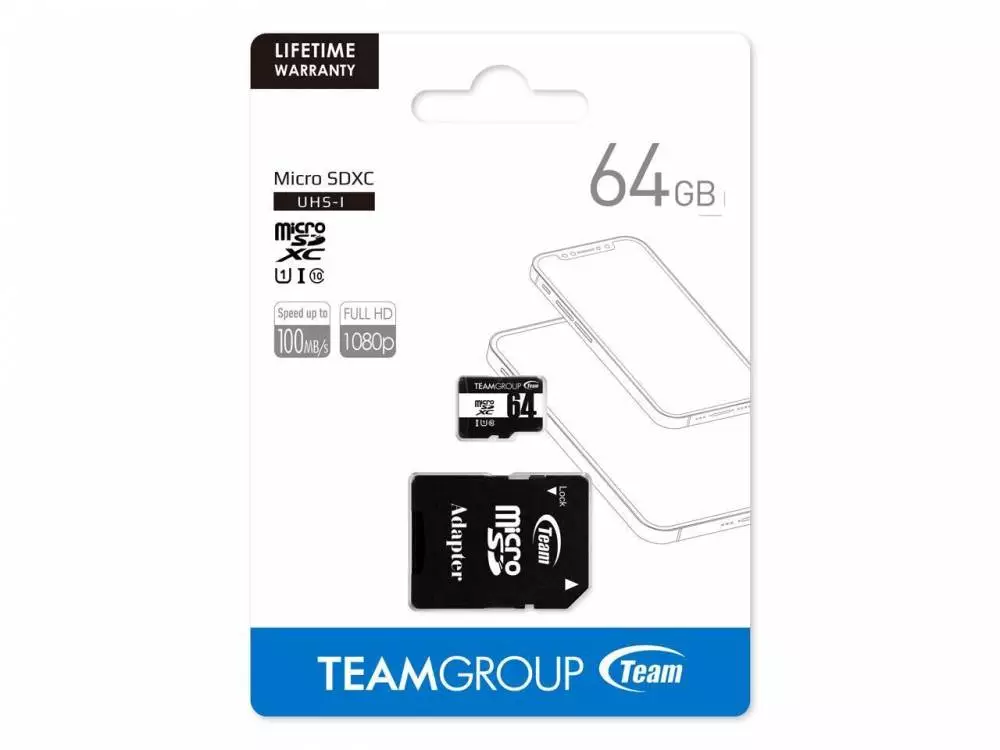 Карта памет TEAM microSDHC / SDXC Class 10, UHS-I, 64GB, SD адаптер