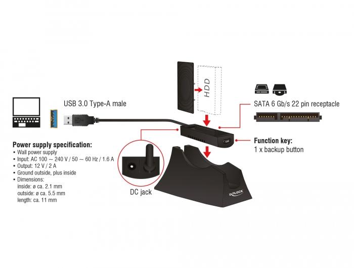 Външна докинг станция Delock, За 2.5″ / 3.5″ SATA HDD / SSD, Backup функция