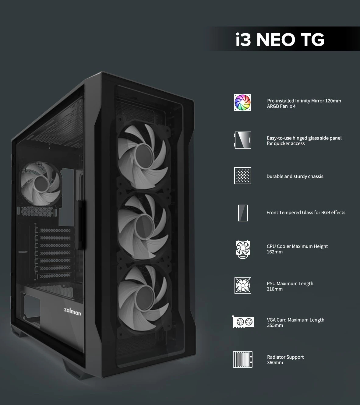 Кутия Zalman I3 NEO Black RGB Case ATX Tempered Glass