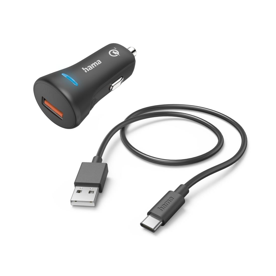 Зарядное устройство для автомобиля HAMA 12-24 V /USB-C 3A, Qualcomm Quick Charge 3.0, 19.5W+ кабель USB-C, 1 м, черный