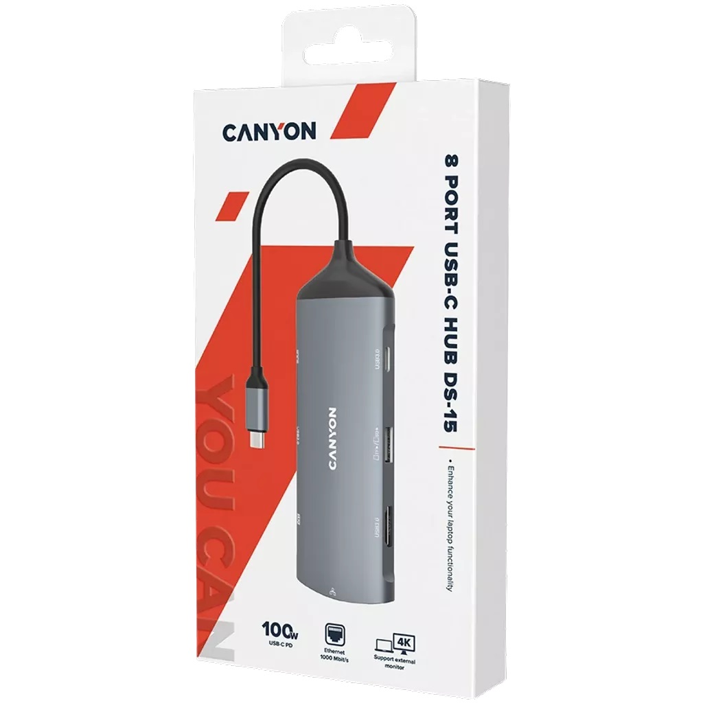 USB хъб CANYON DS-15, 8 in 1 hub, HDMI, LAN, USB-C, USB 2.0, USB 3.0, SD card - CNS-TDS15