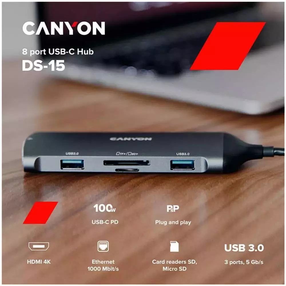 USB хъб CANYON DS-15, 8 in 1 hub, HDMI, LAN, USB-C, USB 2.0, USB 3.0, SD card - CNS-TDS15