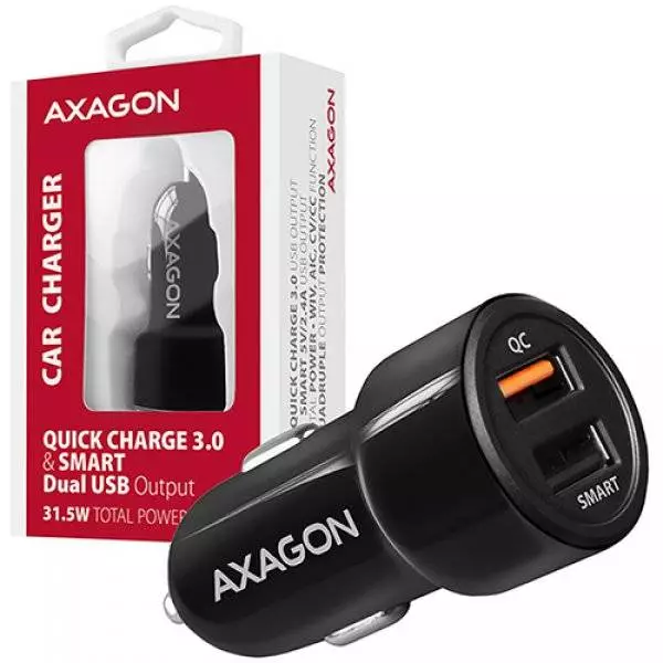 Зарядно за кола AXAGON PWC-QC5 car charger Smart 5V 2,4A + QC3.0, 30W, black