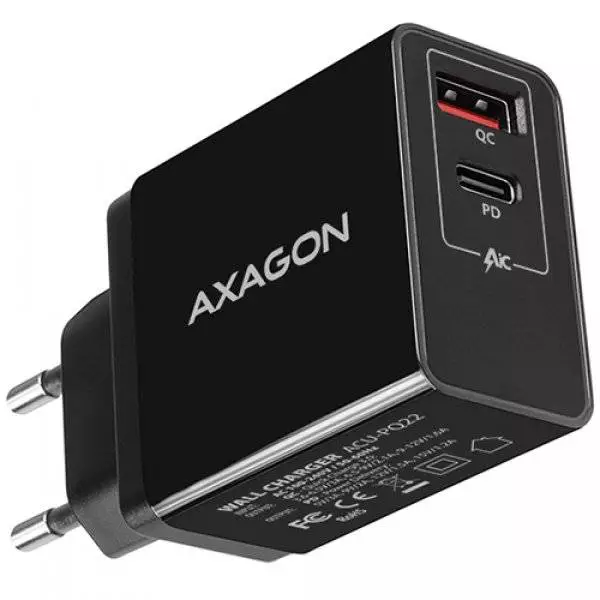 Зарядно AXAGON ACU-PQ22 wall charger QC3.0/AFC/FCP + PD type-C, 22W, black