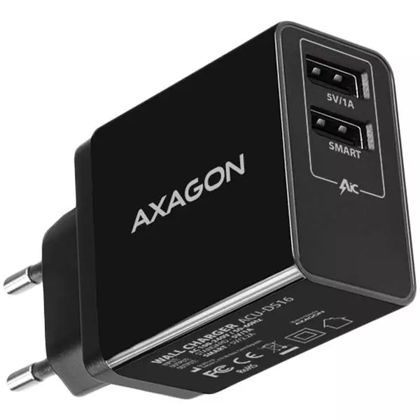 Зарядно Axagon Dual wall charger <240V / 2x port 5V-2.2A + 5V-1A. 16W total power