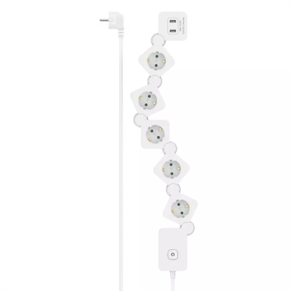 HAMA Разклонител 5 гнезда, USB-A 12 W, гъвкав, превключвател, 1,4 м, бял