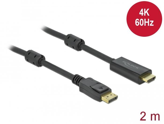 Câble Delock DisplayPort mâle - HDMI mâle, 2 m., 4K 60Hz, Noir