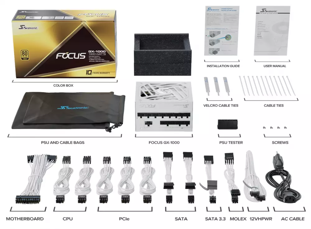 Захранване SEASONIC FOCUS GX-1000 1000W White 80 Plus Gold, PCIe 5.0, Fully Modular - SSR-1000FX3-W