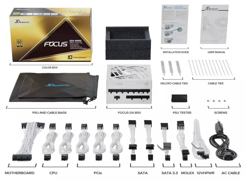 Alimentation SEASONIC FOCUS GX-850 850W White 80 Plus Gold PCIe 5.0, Fully Modular - SSR-850FX3-W