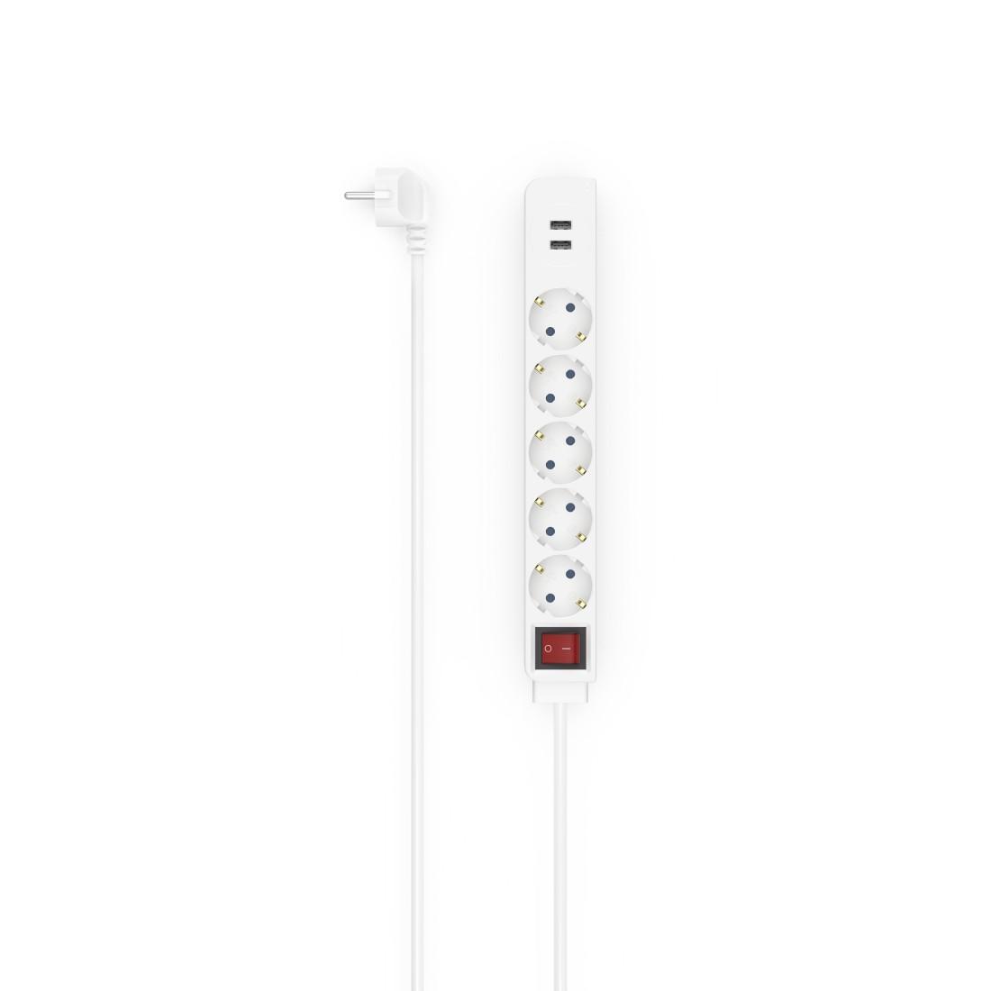 Multiprise HAMA USB 3.4A, 5 prises, 2x USB, 3400mA, 1.4m, 3680W, Blanc