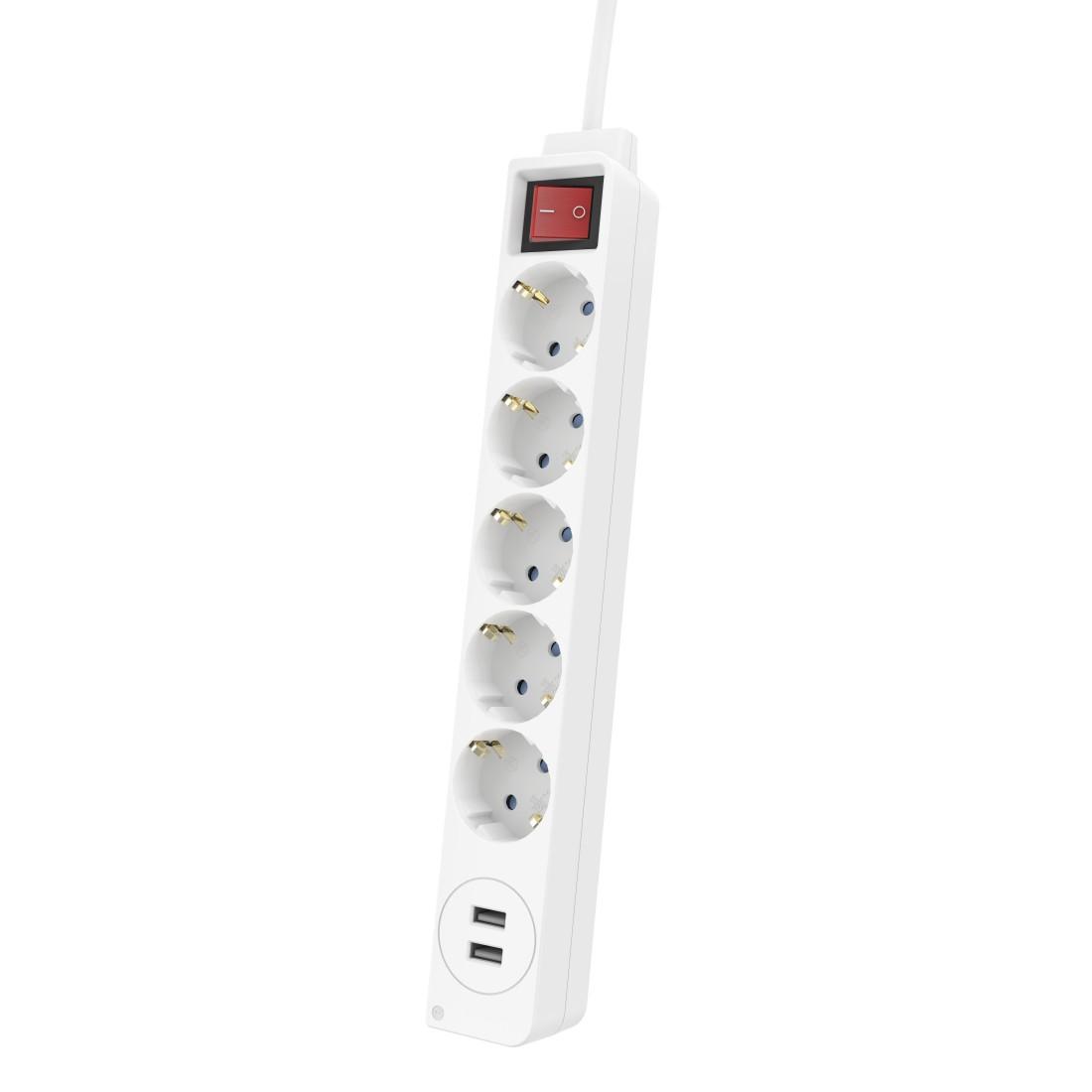 Multiprise HAMA USB 3.4A, 5 prises, 2x USB, 3400mA, 1.4m, 3680W, Blanc
