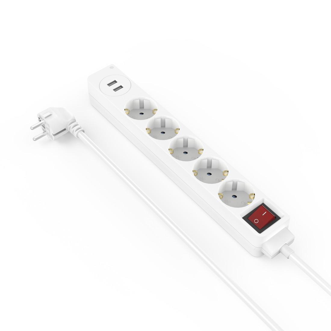 Multiprise HAMA USB 3.4A, 5 prises, 2x USB, 3400mA, 1.4m, 3680W, Blanc