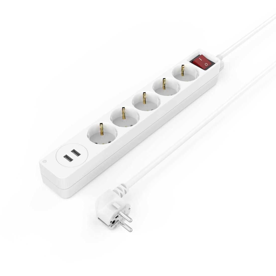 Multiprise HAMA USB 3.4A, 5 prises, 2x USB, 3400mA, 1.4m, 3680W, Blanc