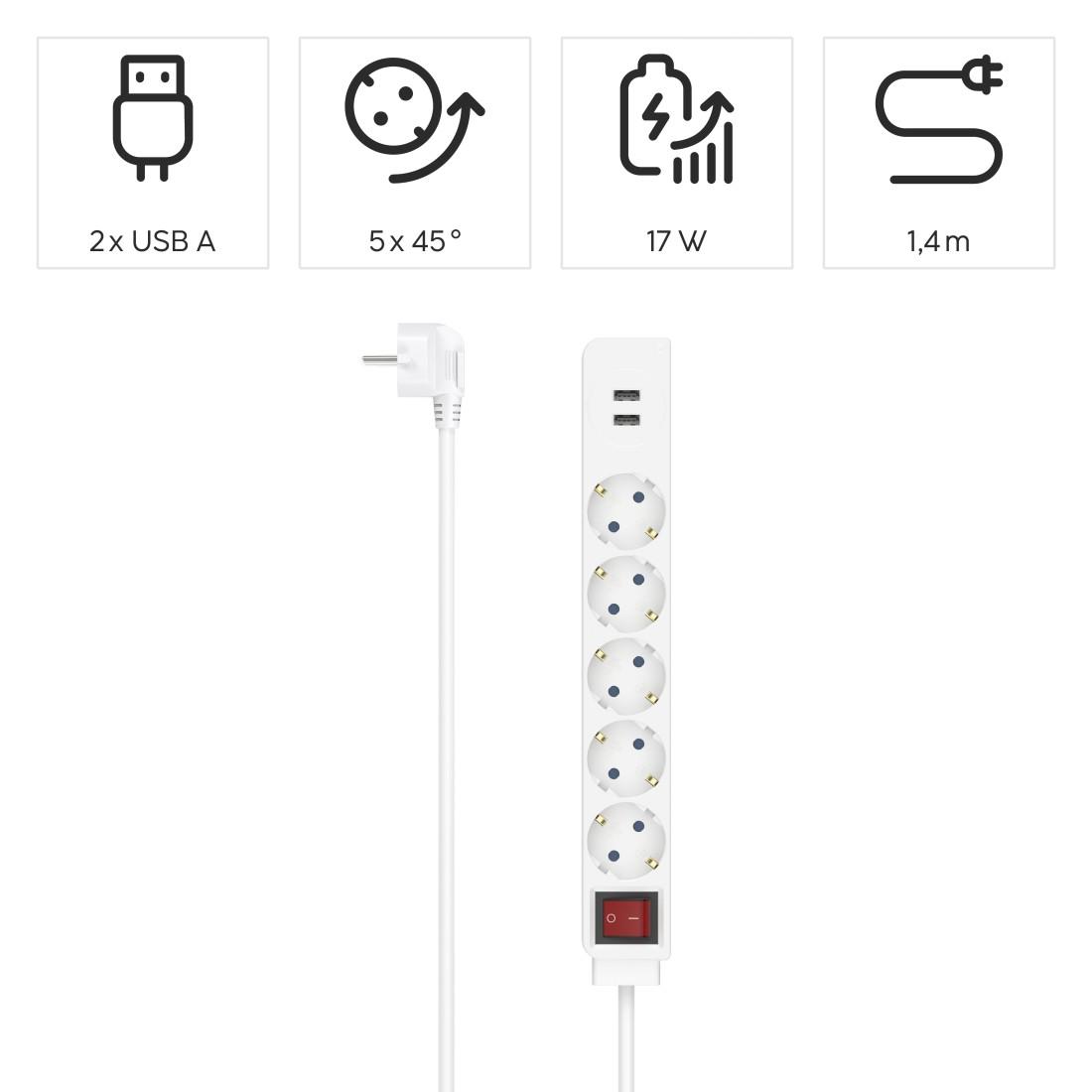 Multiprise HAMA USB 3.4A, 5 prises, 2x USB, 3400mA, 1.4m, 3680W, Blanc