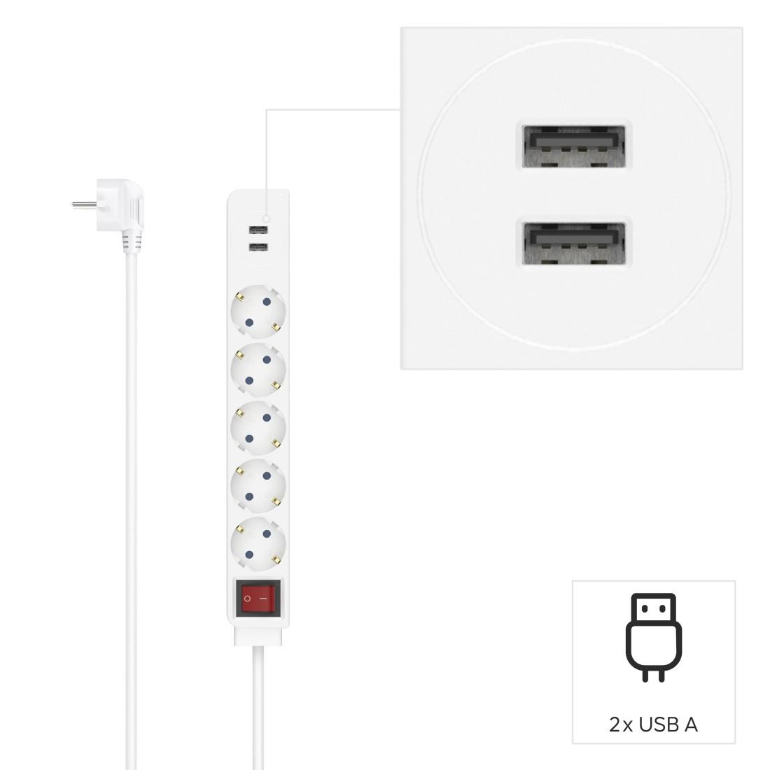 Multiprise HAMA USB 3.4A, 5 prises, 2x USB, 3400mA, 1.4m, 3680W, Blanc