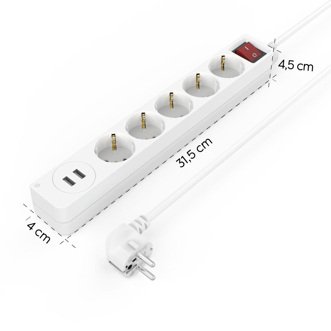 Multiprise HAMA USB 3.4A, 5 prises, 2x USB, 3400mA, 1.4m, 3680W, Blanc