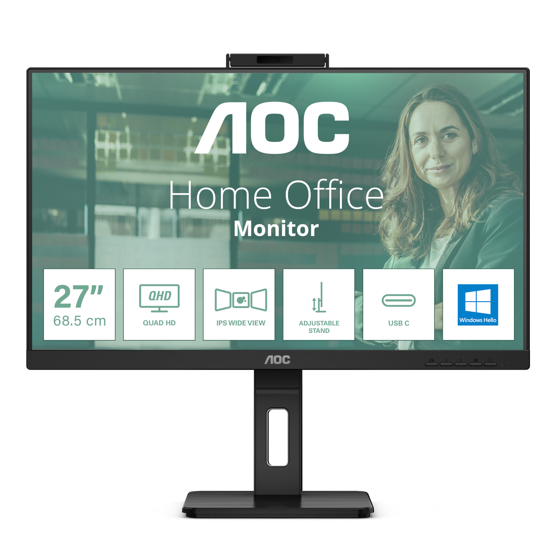 Монитор AOC Q27P3CW, 27", IPS, WQHD 2560x1440, 75Hz, 4ms, HDMI, DP, USB Type-C, LAN 