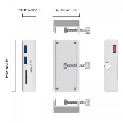 Orico хъб USB 3.0 HUB Clip Type 2 port, SD card reader - aux Micro-USB power input, Aluminum - MH2AC-U3-SV