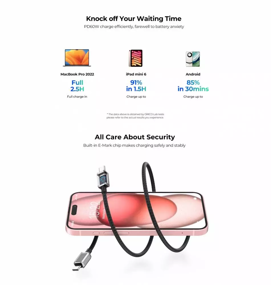 Orico кабел Cable USB C-to-C PD 60W Charging 1.5m Black - GQZ60-15-BK