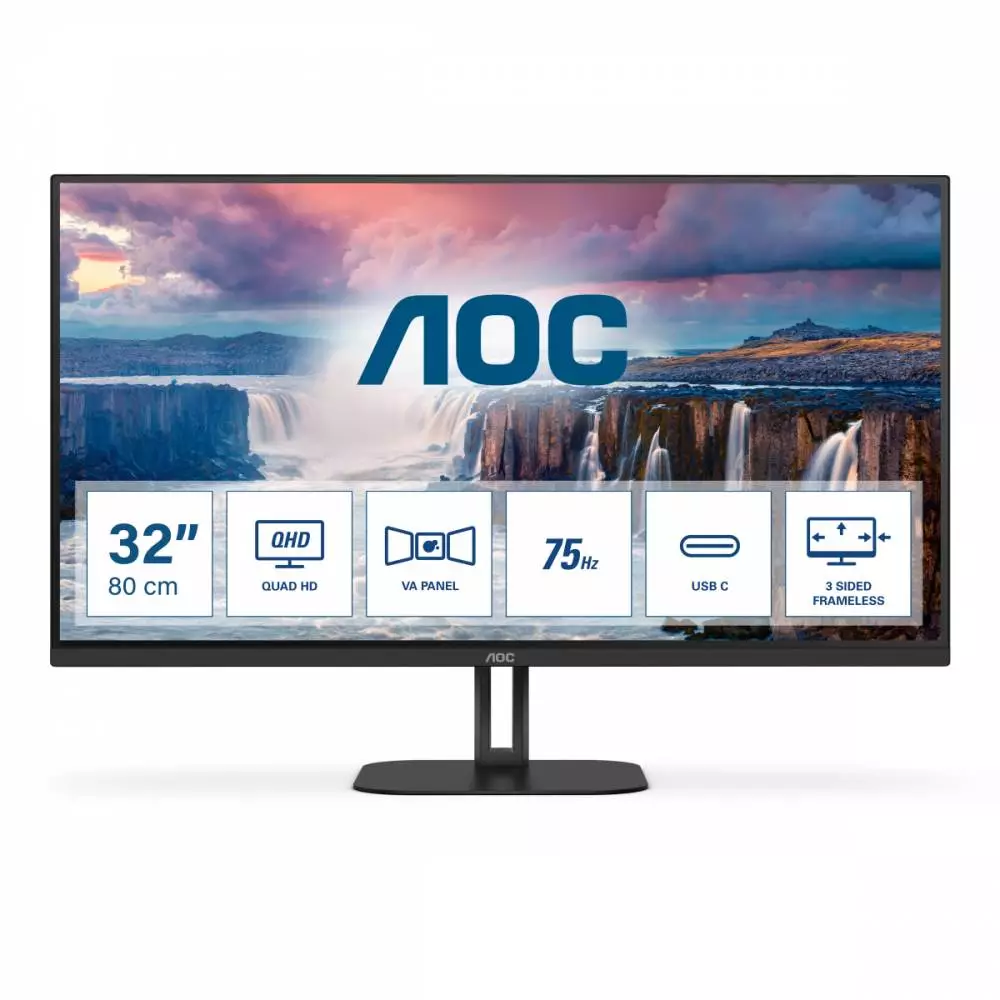 Монитор AOC Q32V5CE/BK, 31.5", QHD 2560x1440, 75Hz, HDMI, DP, USB-C, AMD FreeSync