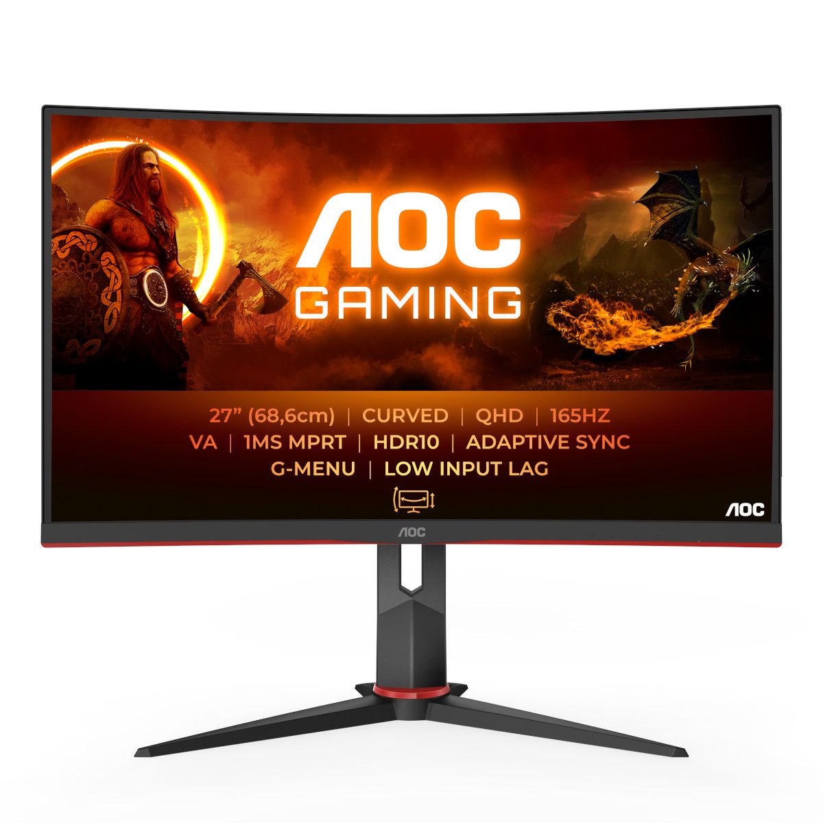 Монитор AOC CQ27G2S/BK, 27", VA, QHD 2560x1440, 165Hz, 1ms, HDMI, DP, Adaptive Sync 
