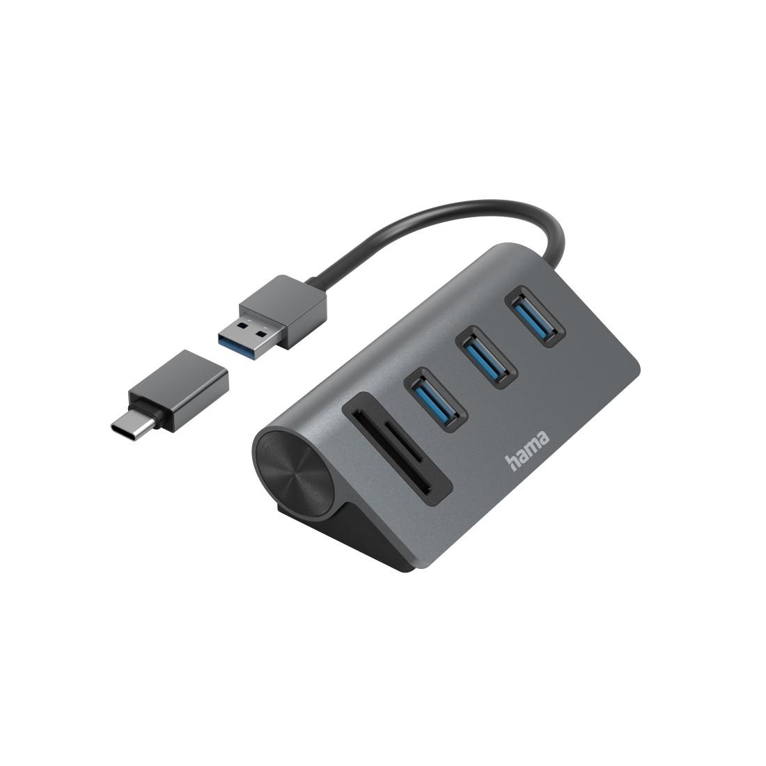 HAMA hub USB/lector de tarjetas, 5 puertos, 3x USB-A, SD, microSD, incluye adaptador USB-C
