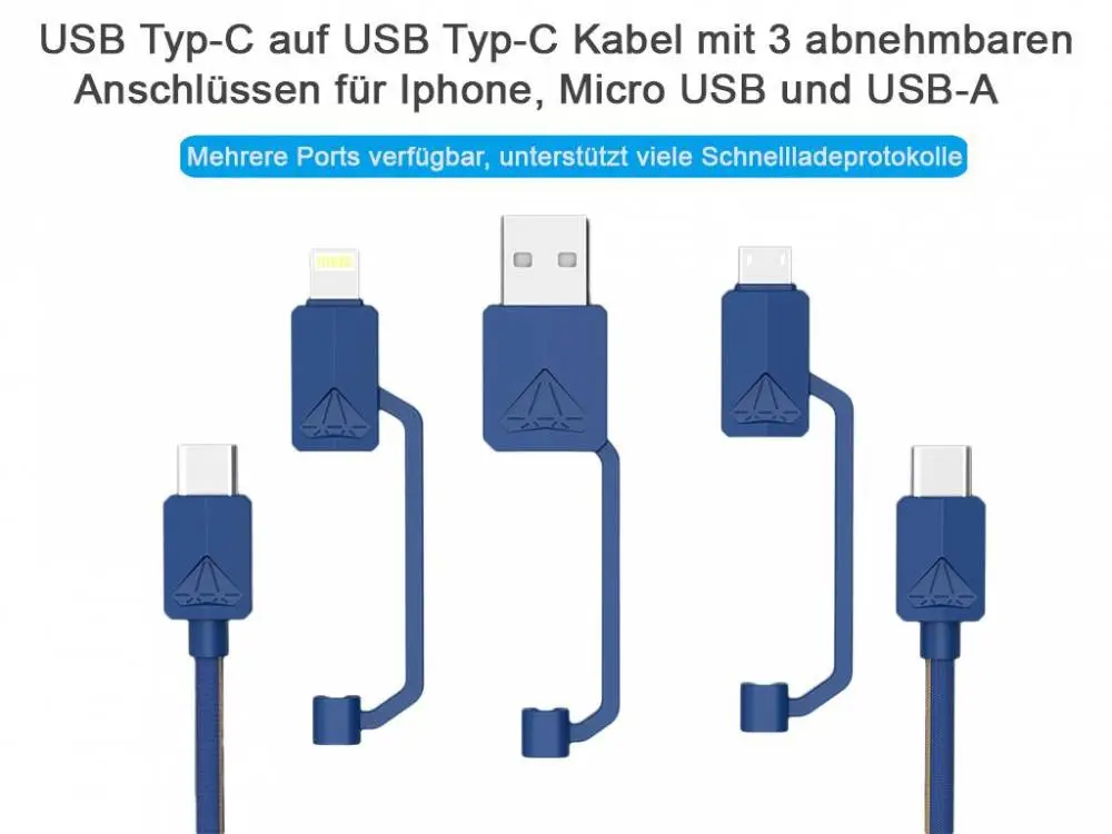 Комбиниран кабел за бързо зареждане Type-C- Micro USB/ Lightning/ USB-A син цвят PDC-3 XTAR