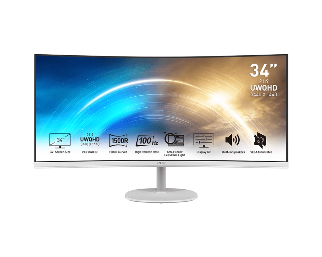 Монитор MSI PRO MP341CQW, 34", VA Curved 1500R, UWQHD 3440x1440, 100Hz, 1ms, AMD FreeSync, HDMI, DP