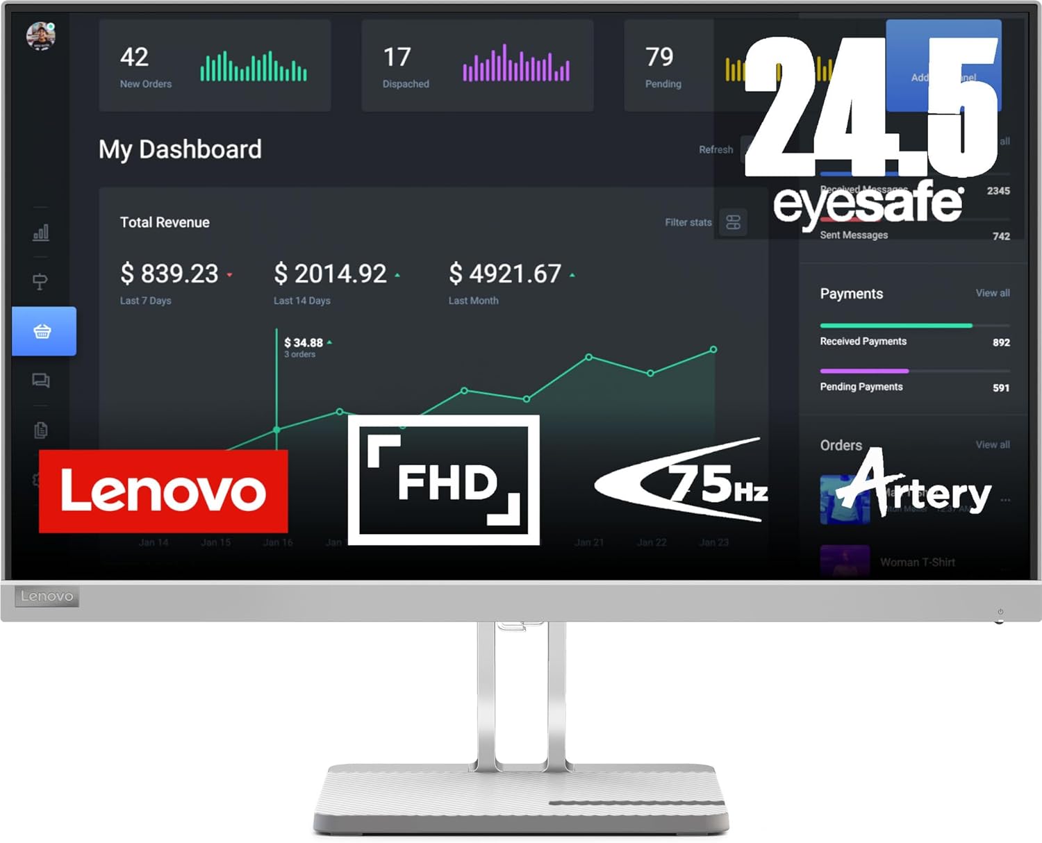 Монитор Lenovo L25e-40 24.5", VA, FHD 1920x1080, 75Hz, 4ms, sRGB 99%, VESA, HDMI, VGA - 67ADKAC4EU