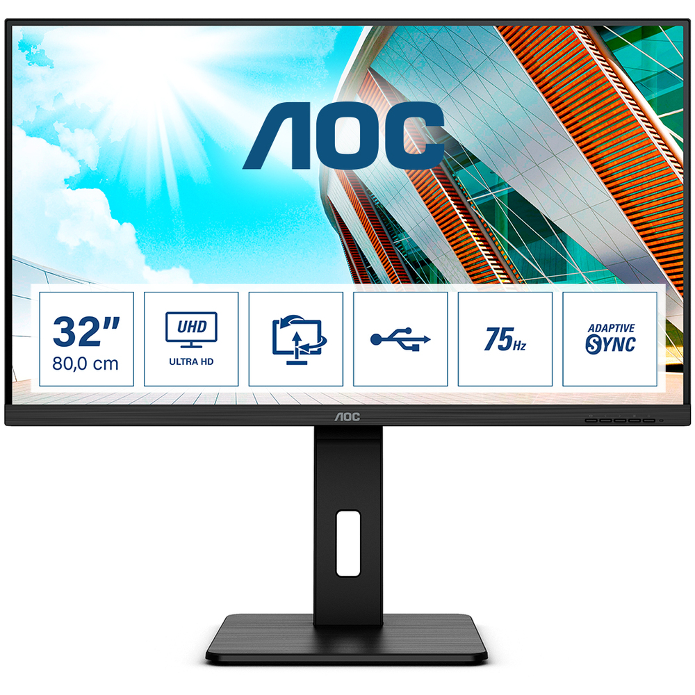 Moniteur AOC U32P2, 31.5", VA, 4K UHD 3840x2160, 60Hz, 4ms, HDMI, USB, DP