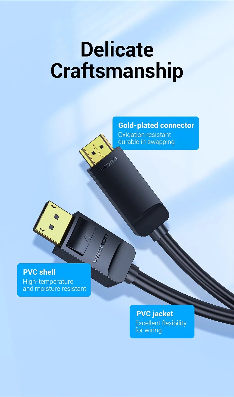 Vention кабел Cable DisplayPort to HDMI 3.0m - 4K, Gold Plated - HFOBI