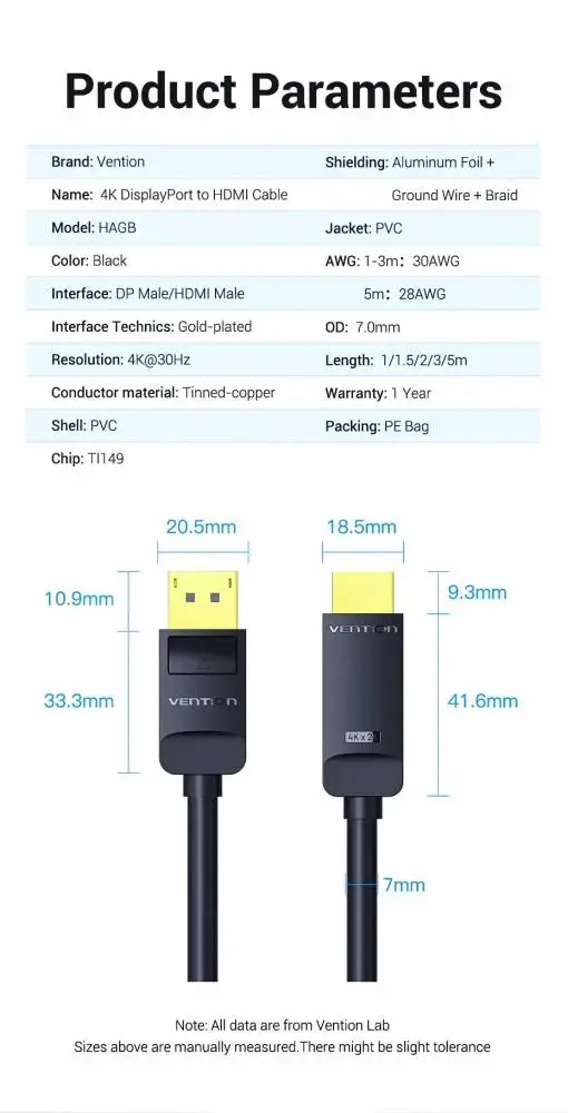 Vention кабел Cable DisplayPort to HDMI 3.0m - 4K, Gold Plated - HFOBI