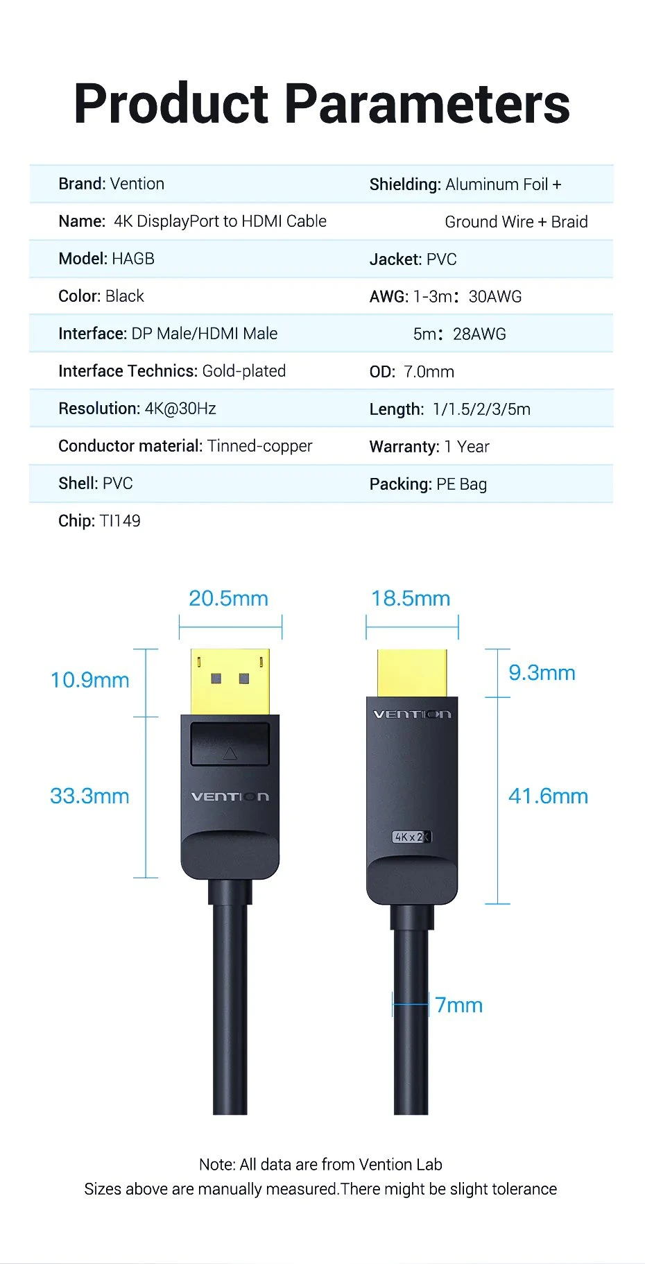 Vention кабел Cable DisplayPort to HDMI 3.0m - 4K, Gold Plated - HFOBI