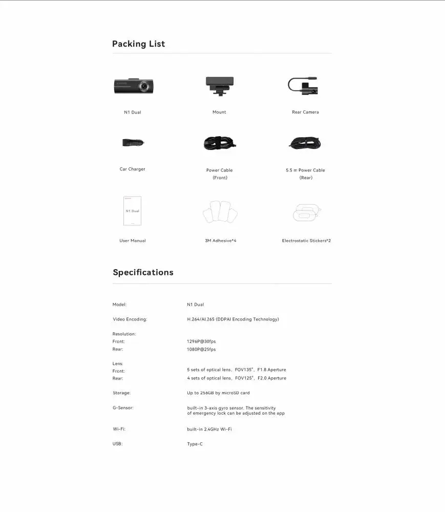 DDPAI Видеорегистратор Dash Cam Set N1 DUAL, Rear Cam included