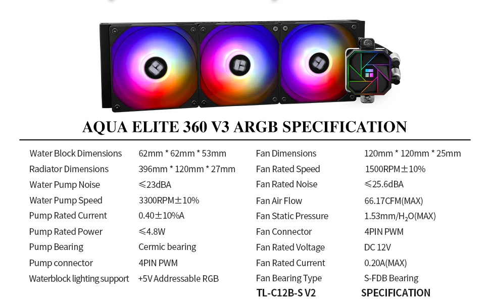 Водно охлаждане за процесор Thermalright Aqua Elite 360 Black A-RGB V3 Water Cooling