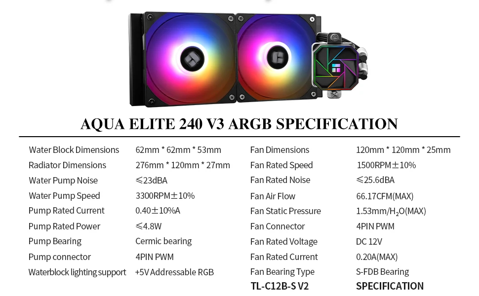 Водно охлаждане за процесор Thermalright Aqua Elite 240 Black A-RGB V3 Water Cooling
