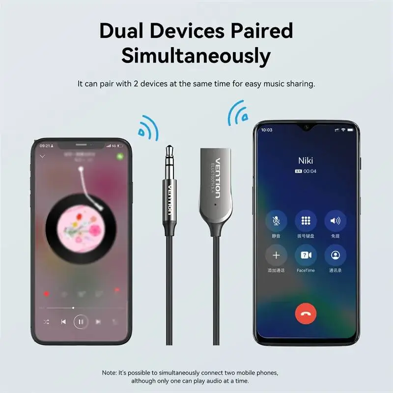 Vention блутут за кола за разговори и музика Car Bluetooth 5.4 audio receiver USB, 3.5mm jack - NAIHG