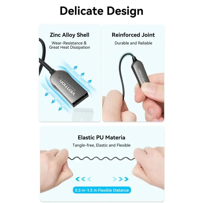 Vention блутут за кола за разговори и музика Car Bluetooth 5.4 audio receiver USB, 3.5mm jack - NAIHG