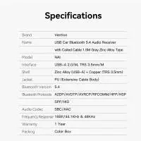 Vention блутут за кола за разговори и музика Car Bluetooth 5.4 audio receiver USB, 3.5mm jack - NAIHG