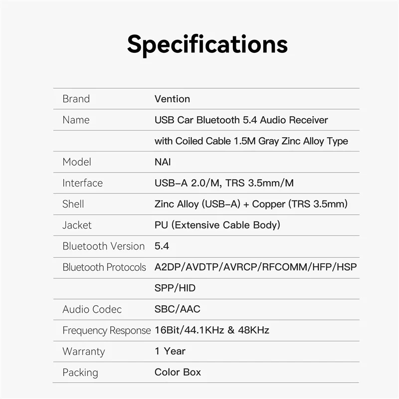 Vention блутут за кола за разговори и музика Car Bluetooth 5.4 audio receiver USB, 3.5mm jack - NAIHG