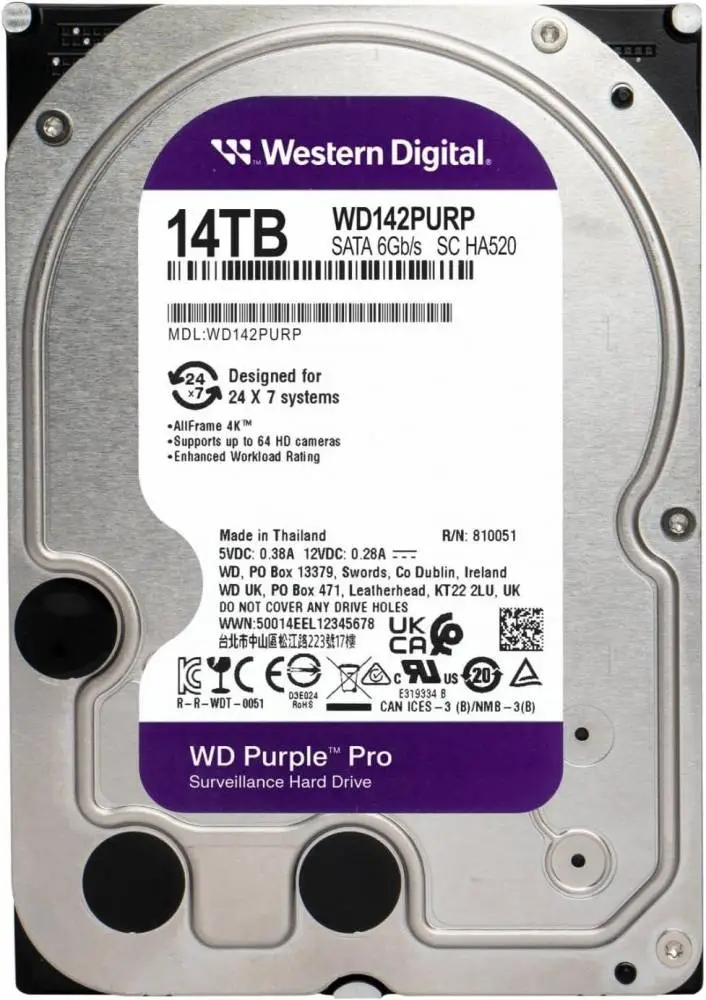 Твърд диск WD Purple Pro Surveillance 14TB 256MB 7200rpm SATA3 6Gb/s - WD142PURP