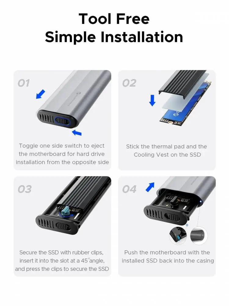 Caja externa Orico para disco Storage - Case - M.2 NVMe/SATA M/B key - USB3.1 Type-C/A, Silicone Protective Case, 10Gbps - AXM2S-G2-V1-GY-BP