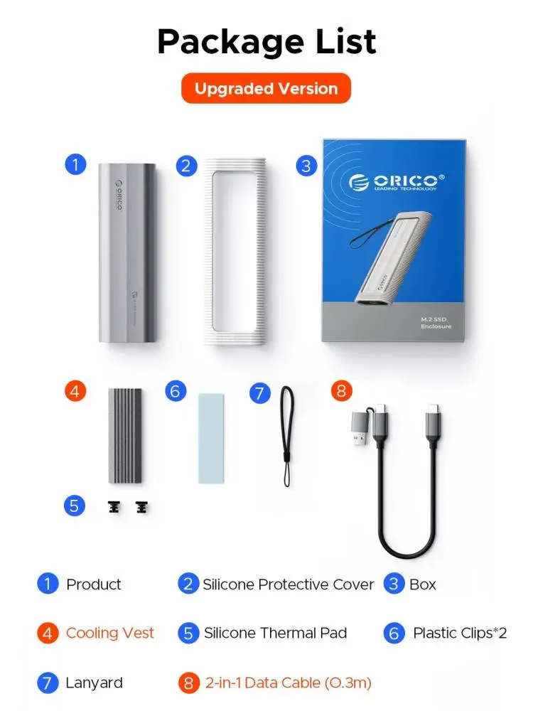 Caja externa Orico para disco Storage - Case - M.2 NVMe/SATA M/B key - USB3.1 Type-C/A, Silicone Protective Case, 10Gbps - AXM2S-G2-V1-GY-BP