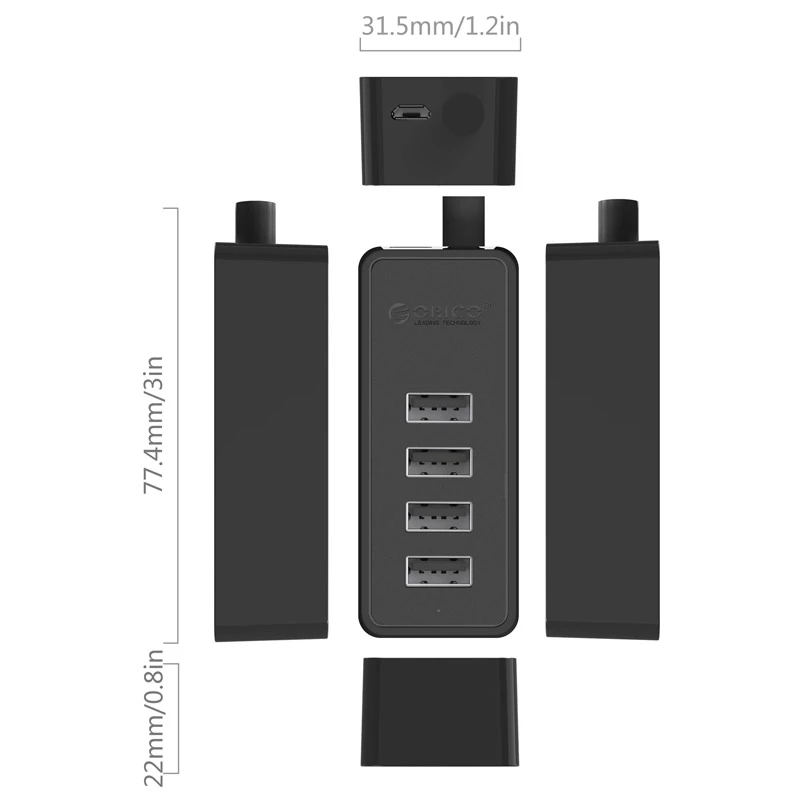 Hub Orico USB2.0 HUB 4 puertos - entrada USB/Micro USB, Negro - W5P-U2-100-BK-EP