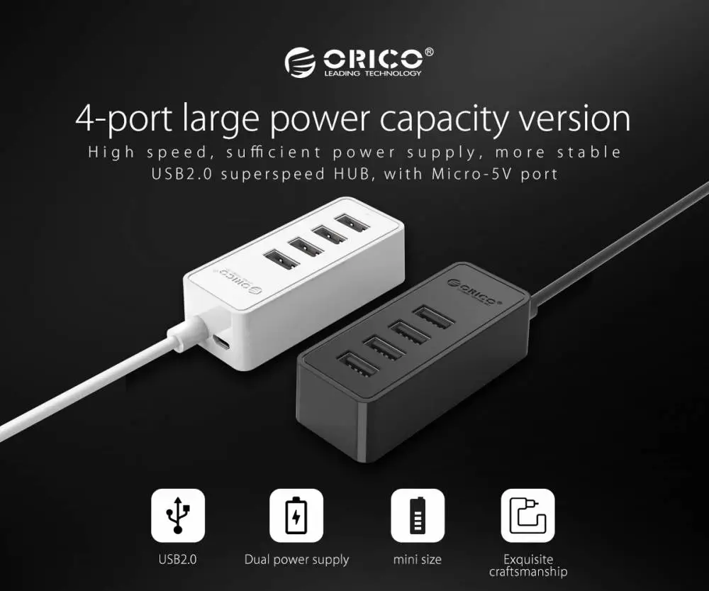 Hub Orico USB2.0 HUB 4 puertos - entrada USB/Micro USB, Negro - W5P-U2-100-BK-EP