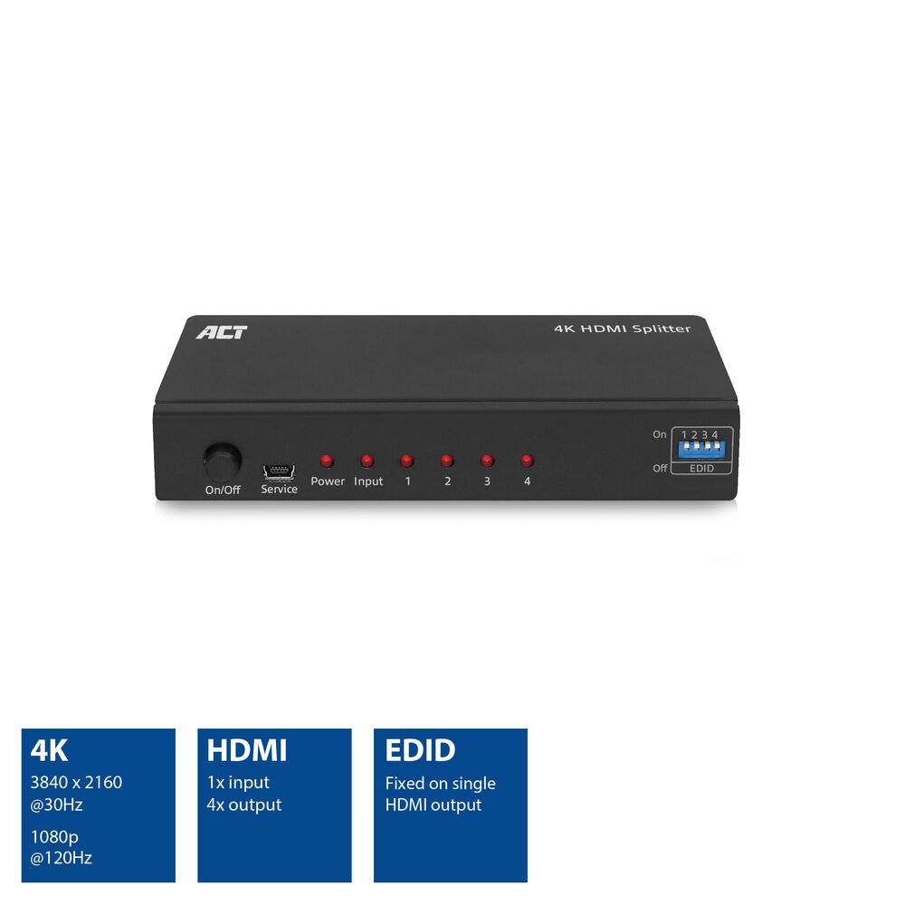 HDMI Сплитер ACT AC7831, 1 вход 4 изхода., 4K, Черен, Разопакован