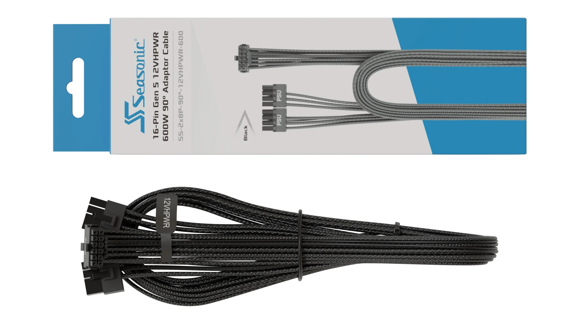 Модулен кабел Seasonic Modding Cable 600W Black 90 degree PCIe 5.0 12VHPWR - SS-2x8P-90-12V-2x6-600-BK